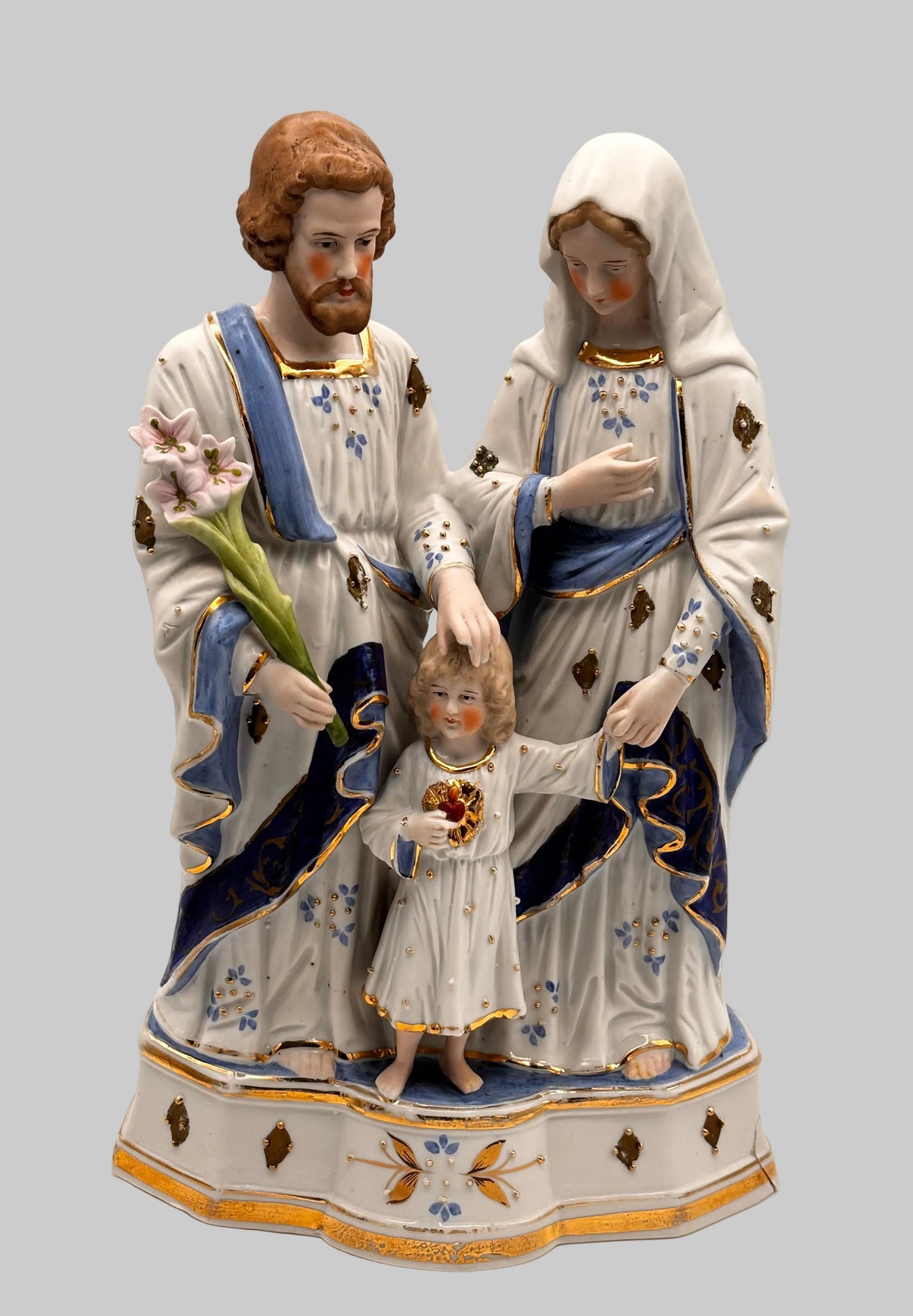 Statue Sainte Famille en porcelaine polychrome et dorée